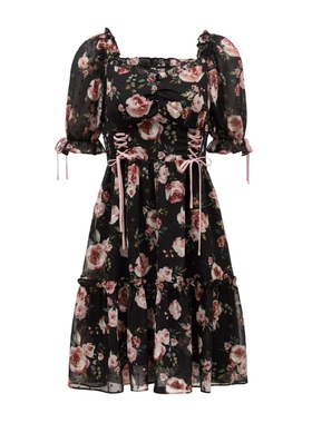 VM国内代购黑色白色印花绑带植绒短袖雪纺连衣裙女 32337B001