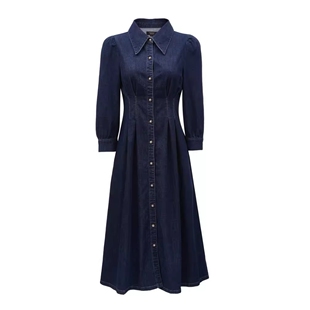 VM国内代购深牛仔蓝翻领收腰七分袖中长款牛仔连衣裙女 324142005