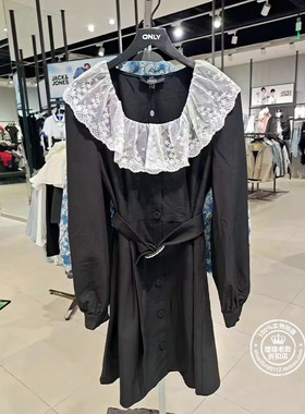 VM国内代购黑色方领蕾丝领收腰长袖连衣裙女  32137D021