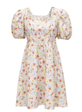 VM国内代购黄色绿色印花碎花方领高腰泡泡袖连衣裙女 32227B070