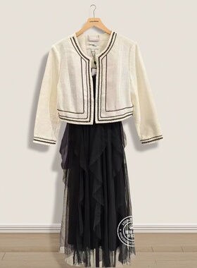 VM国内代购奶白色小香风外套网纱中长连衣裙套装女 32347C017