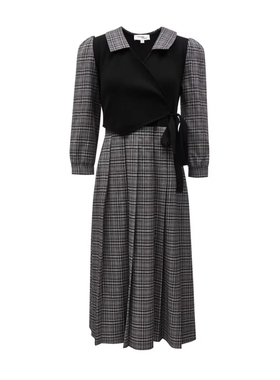 VM国内代购黑色针织拼接格纹七分袖中长百褶连衣裙女 32337C039