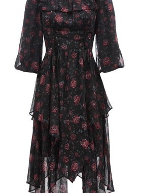 VM国内代购黑色碎花百搭一字肩七分袖雪纺连衣裙女 32427C009