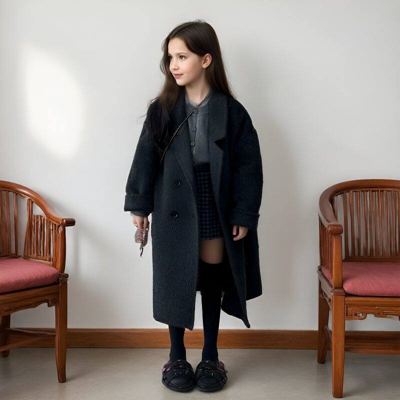 轻奢女童毛呢保暖外套学院风双排扣羊毛呢大衣女中长款翻领外套