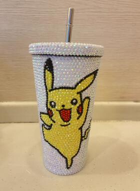 红色字母吸管杯子闪亮手工贴钻水杯304不锈钢吸管杯咖啡杯太空杯