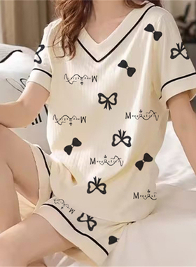 睡衣女夏季薄款棉质短袖短裤可外穿家居服两件套装加肥加大码睡衣