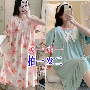 可爱甜美风家居服可外穿 买一送一 宽松睡裙女夏季 过膝长裙薄款