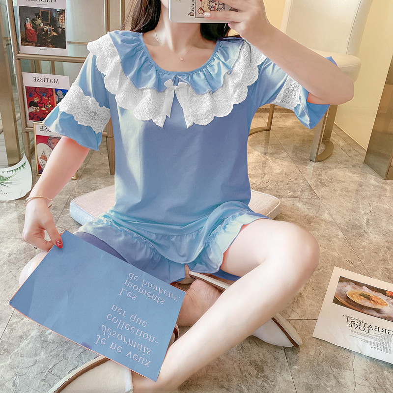 睡衣女纯棉韩版蕾丝短袖夏季套装