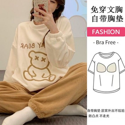 带胸垫珊瑚绒睡衣女冬季蝴蝶口袋加绒加厚法兰绒毛绒冬天家居服