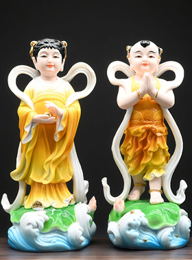 新款仿瓷金童玉女善财童子龙女佛像家用供奉摆件观音左右侍从家用