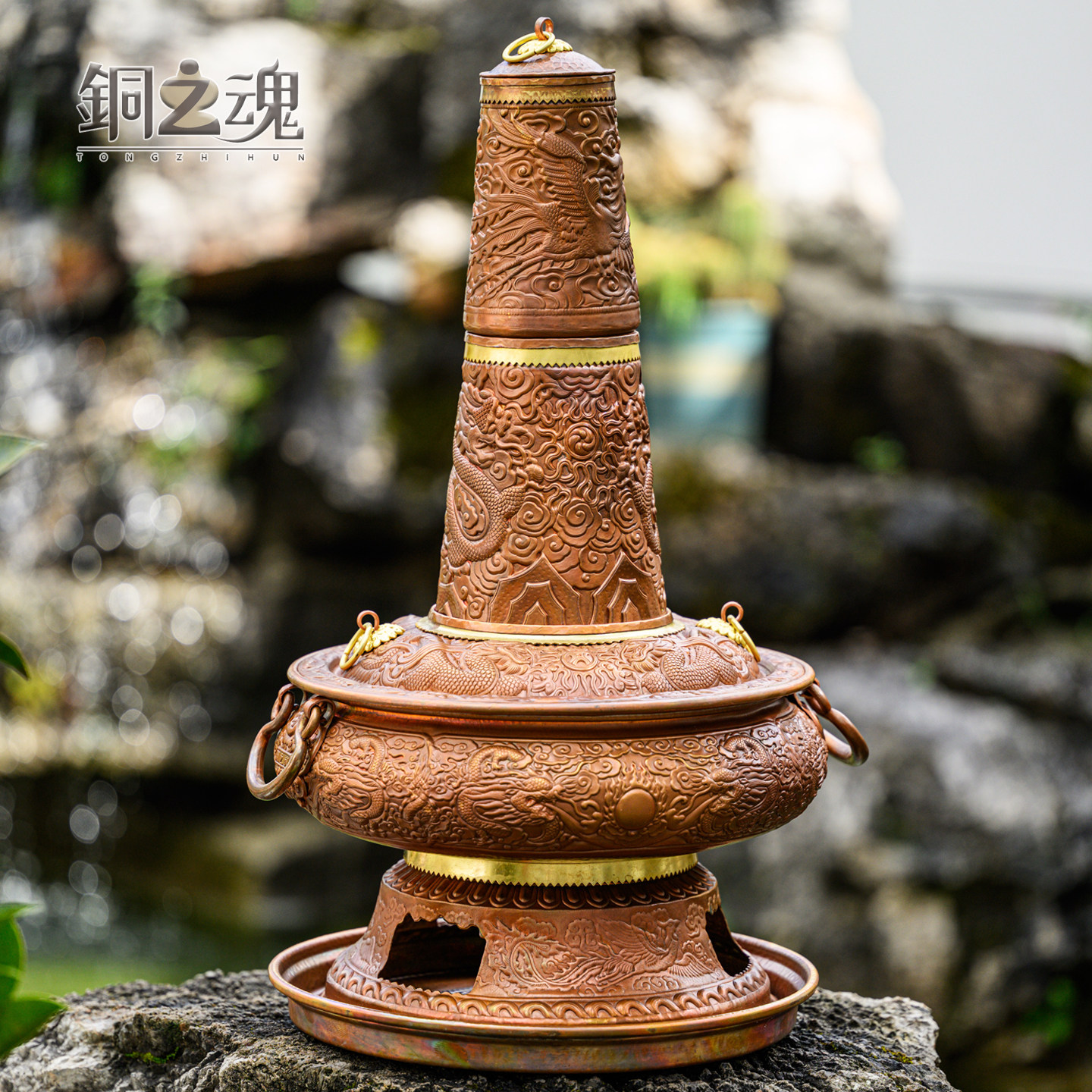 铜火锅纯铜老式木炭涮肉火锅炉紫铜手工加厚烤黄龙凤雕刻家用炊锅