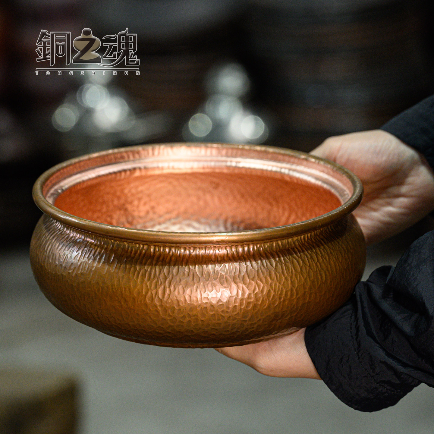 紫铜茶洗大号手工加厚杯碗收纳复古锤纹水盂茶水缸禅意建水洗茶缸