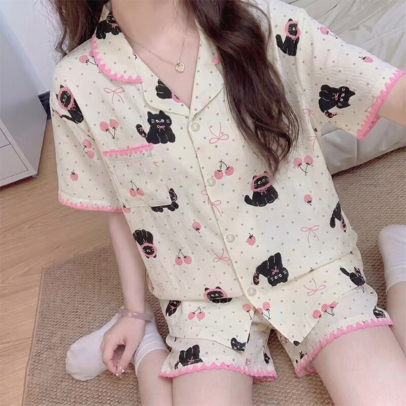 可爱猫咪樱桃短袖睡衣女夏季薄款开衫短裤两件套居家服学生党睡衣