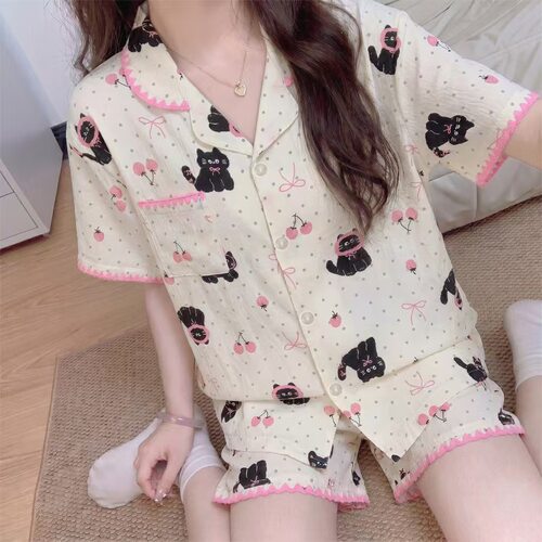 可爱猫咪樱桃短袖睡衣女夏季薄款开衫短裤两件套居家服学生党睡衣