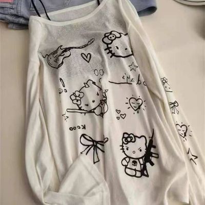 韩系趣味可爱kitty猫印花百搭长袖T恤夏季慵懒风宽松防晒罩衫上衣