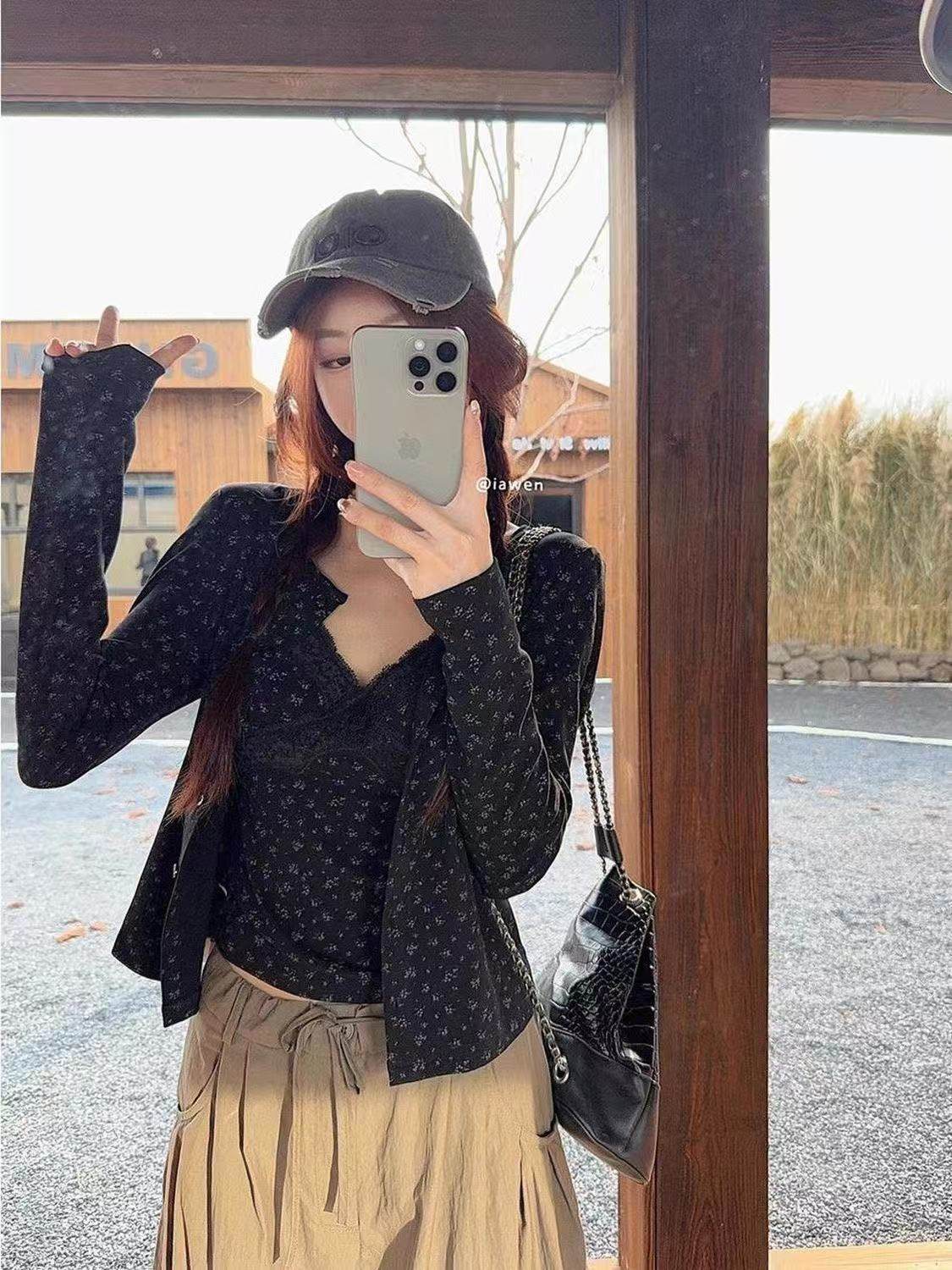 韩系蕾丝碎花修身吊带背心长袖开时尚套装
