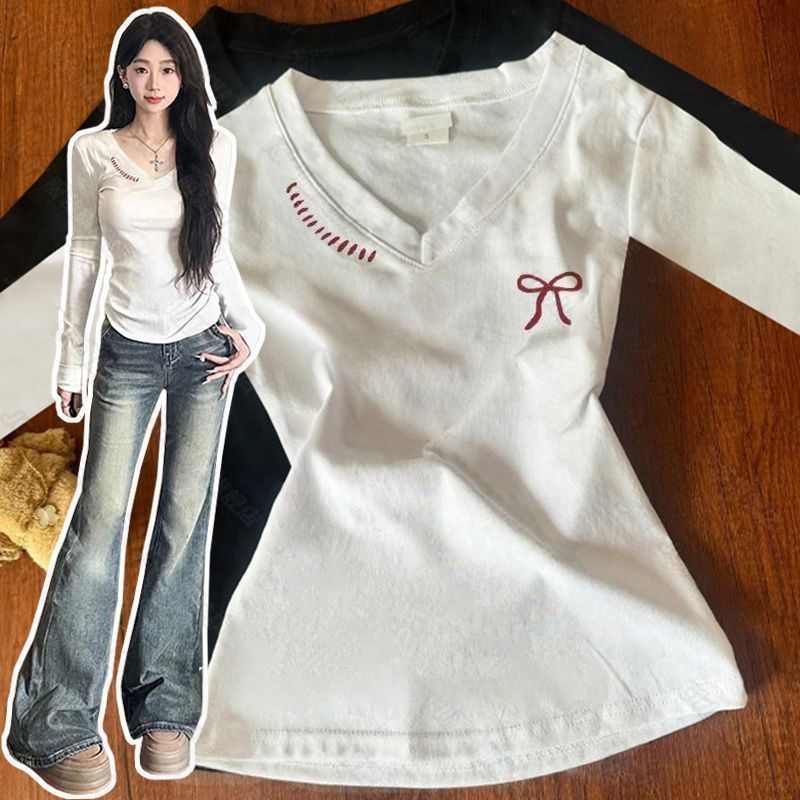 NASA韩系百搭设计感蝴蝶结印花上衣辣妹正肩纯棉V领修身美式T恤