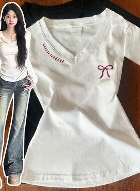 NASA韩系百搭设计感蝴蝶结印花上衣辣妹正肩纯棉V领修身美式T恤