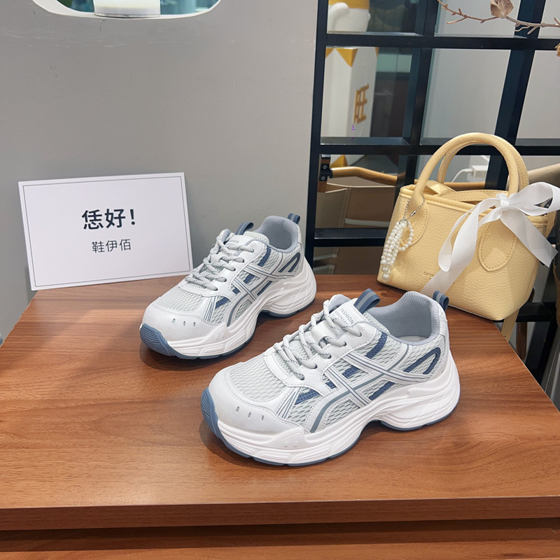 韩版轻便真皮厚底增高老爹鞋女2026春夏新款网面透气百搭休闲鞋t