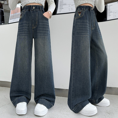 女童牛仔裤春秋款阔腿裤