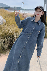 现货 2C028 7702 P135 K189 复古长袖长款牛仔衬衫外套 连衣裙图片