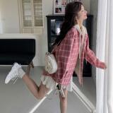 粉色格子衬衫外套女短款2025春季新款韩版学院风宽松连帽开衫上衣，女装短外套，2C028