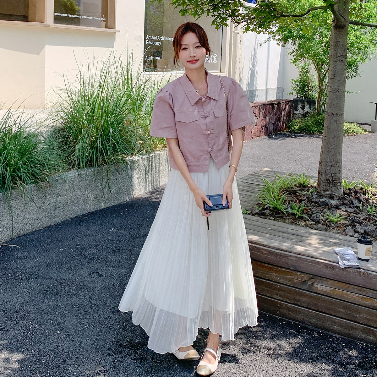 超好看独特漂亮套装裙女夏2025新款粉色国风盘扣上衣半身裙两件套图片