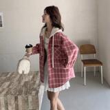 粉色格子衬衫外套女短款2025春季新款韩版学院风宽松连帽开衫上衣，女装短外套，2C028