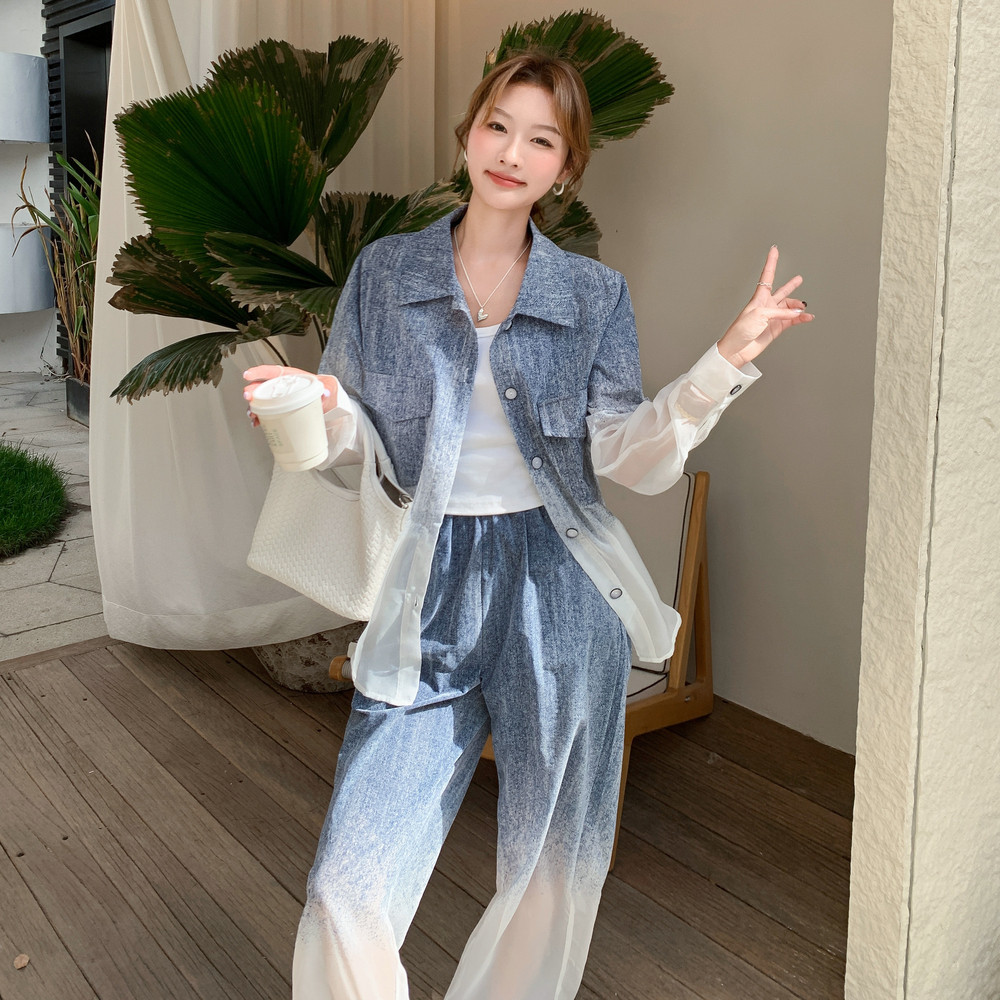 设计感渐变色衬衫休闲裤套装女夏2025新款两件套大方得体减龄穿搭图片
