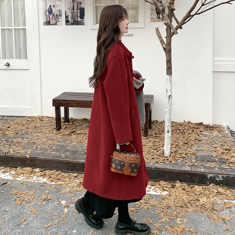 红色小个子毛呢外套女2024秋冬新款加厚高级感复古气质呢子大衣图片