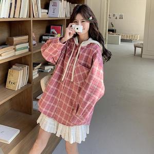 粉色格子衬衫外套女短款2025春季新款韩版学院风宽松连帽开衫上衣图片