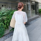 法式蕾丝刺绣吊带连衣裙套装女2025夏季新款温柔风绝美减龄两件套，女装连衣裙，2C028