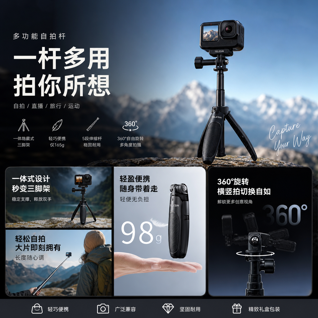 泰迅迷你自拍杆大疆GoPro13
