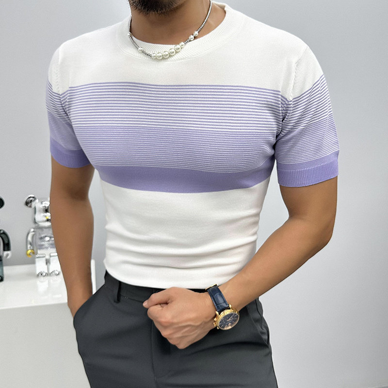 辉先生夏季条纹撞色冰丝针织衫男士修身圆领薄款透气弹力短袖T恤