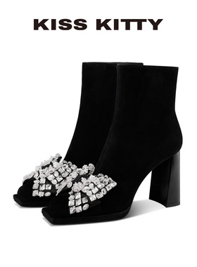 KISSKITTY弹力靴女款2025新款超火粗跟方头高跟黑色英伦风短靴