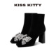 KISSKITTY弹力靴女款 呼呼专享 粗跟方头高跟黑色英伦风短靴
