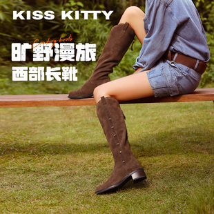 KISSKITTY旷野漫旅 西部靴女冬季新款粗跟通勤骑士堆堆靴高筒长靴