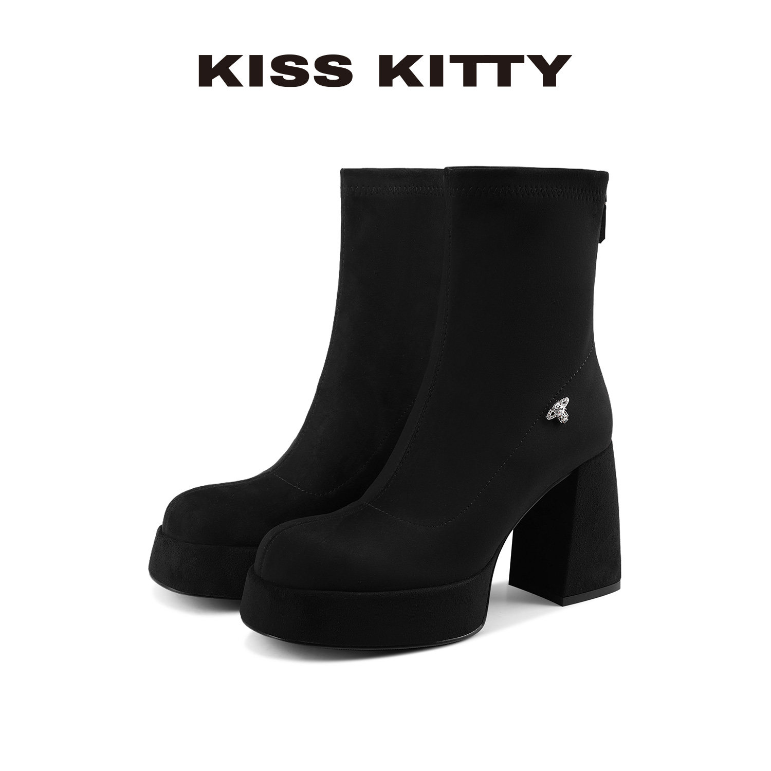 KISSKITTY厚底弹力靴女粗跟防水台靴子2025新款高跟袜靴百搭短靴