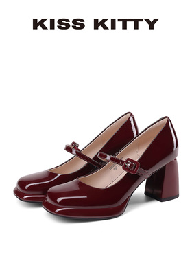 KISSKITTY红色单鞋女新款浅口粗跟玛丽珍鞋不累脚方头高跟鞋女