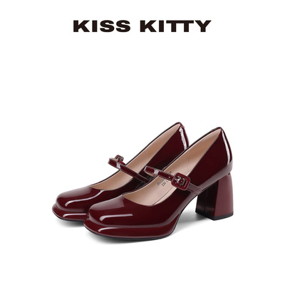 KISSKITTY红色浅口粗跟玛丽珍鞋
