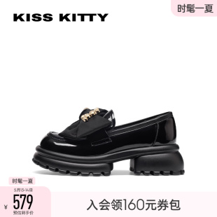 厚底乐福鞋 KISSKITTY2024春新款 粗跟英伦风小皮鞋 蝴蝶结一脚蹬鞋