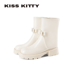 KISSKITTY瘦瘦靴女2025新款英伦学院风甜百搭蝴蝶结白色厚底短靴