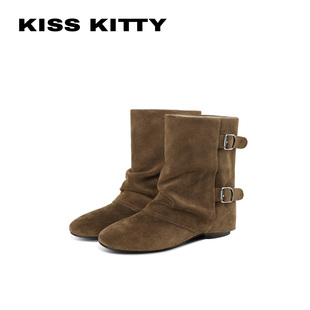 KISSKITTY美拉德堆堆短靴女牛翻皮平底显瘦复古西部中筒靴秋冬