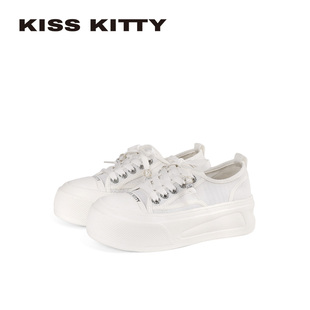 KISSKITTY厚底板鞋女白色系带休闲增高女鞋松糕鞋夏季透气小白鞋