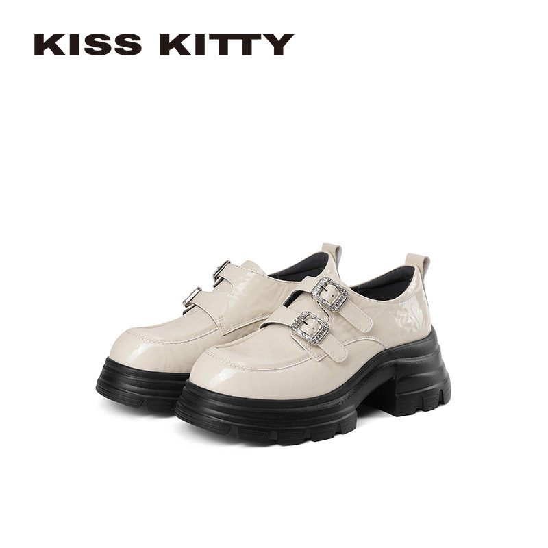 KISSKITTY厚底乐福鞋女2026春季新款米色皮鞋水钻学院风深口单鞋,女鞋,乐福鞋（豆豆鞋）,淘宝优惠券,粉丝福利购,淘宝优惠卷