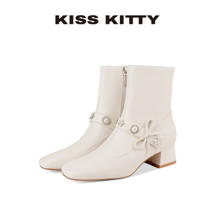KISSKITTY小香风珍珠粗跟短靴女2025秋季新款玛丽珍高跟瘦瘦靴子