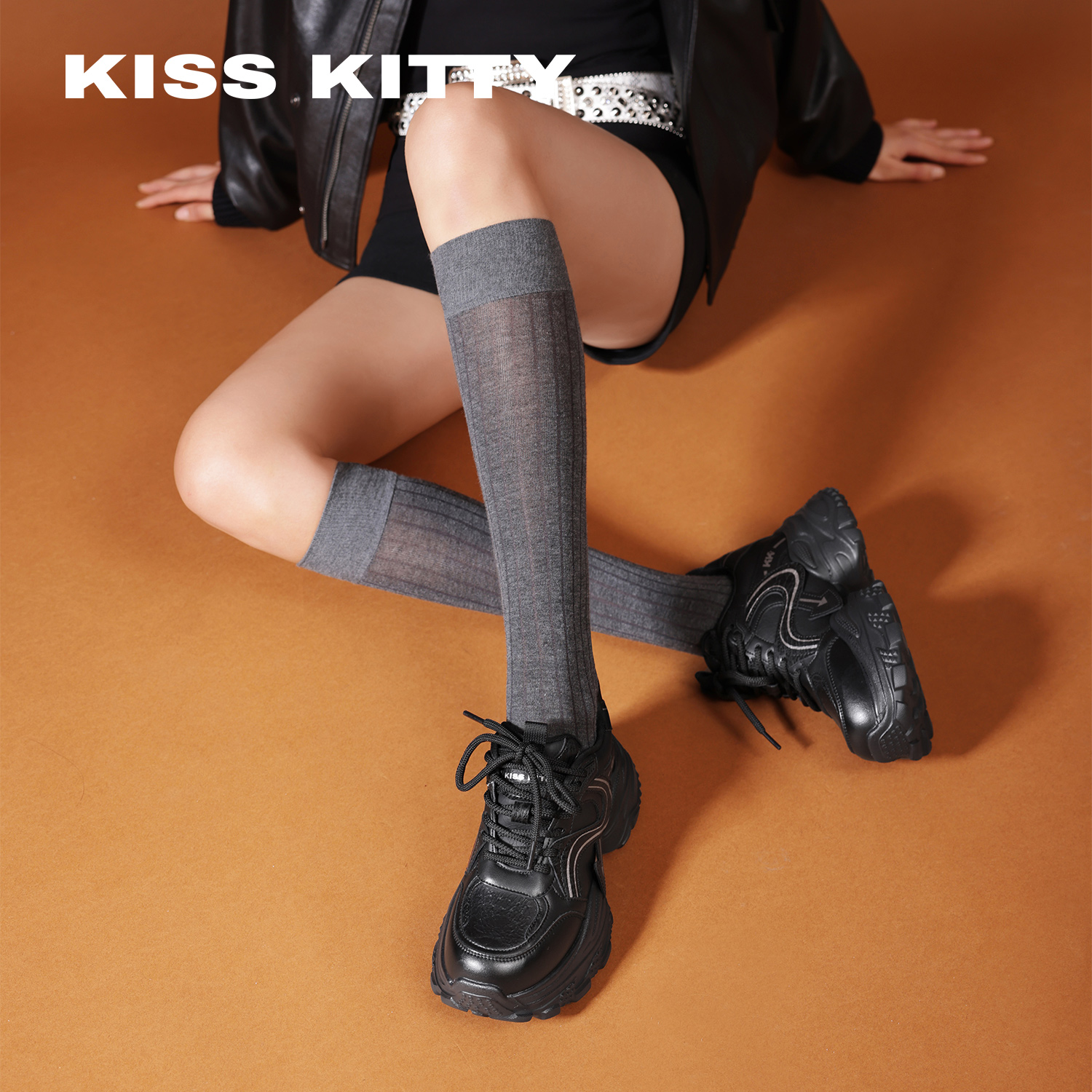 KISSKITTY皮面老爹鞋女2025年新款潮酷厚底鞋炸街显瘦复古运动鞋