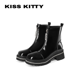KISSKITTY短靴女2026新款巨好看的水钻百搭粗跟高跟小个子马丁靴