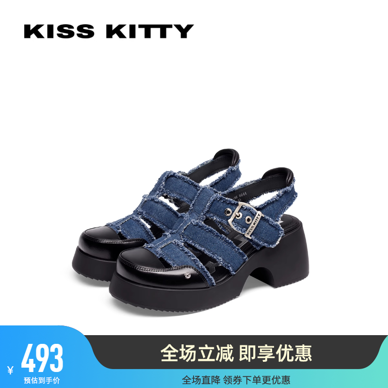 KISSKITTY春夏新款厚底包头罗马鞋增高休闲镂空粗跟复古猪笼凉鞋