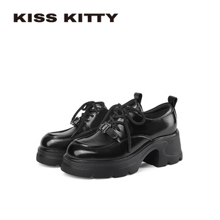 KISSKITTY小皮鞋女2026年新款英伦风系带单鞋粗跟厚底松糕乐福鞋